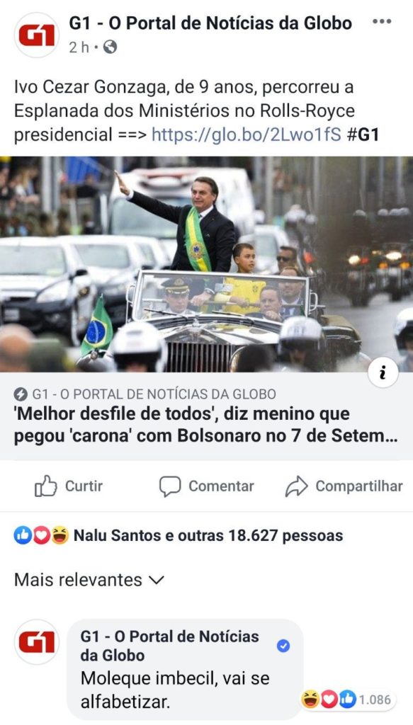 “Moleque imbecil”, diz o G1 no Facebook sobre menino que subiu no carro de Bolsonaro no 7 de setembro